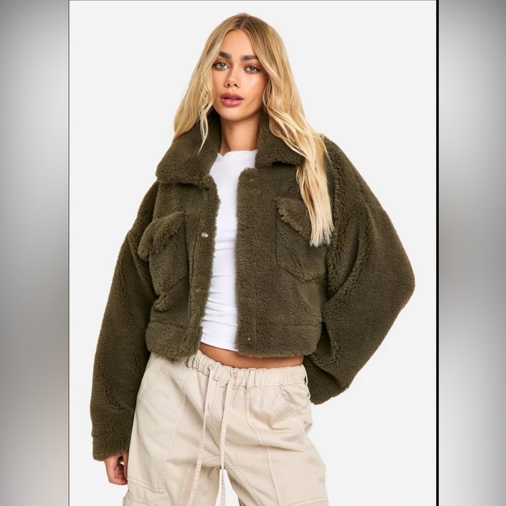 Zara green Teddy fleece oversized jacket